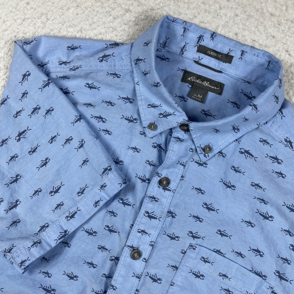 Eddie Bauer Button Down Shirt Men Medium Blue Fishing Print Short Sleeve Outdoor